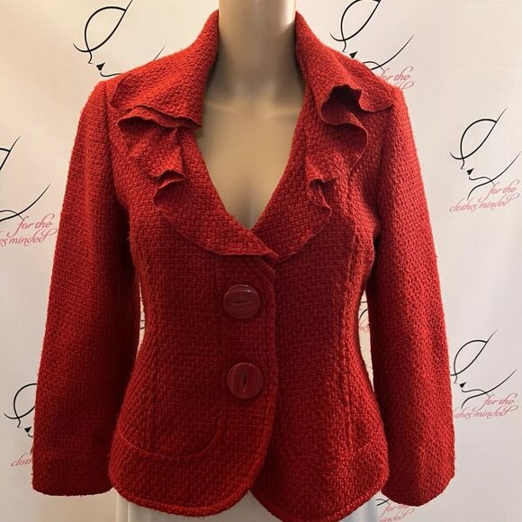 Cato. Size 8. Red Waffle Weave Long Sleeve Ruffle Jacked. Lined. Fitted. GB - Picture 1 of 6